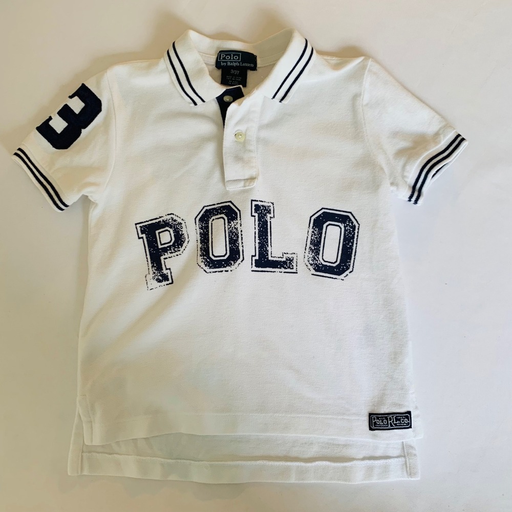 Polo Ralph Lauren Polo Shirt Toddler Boy 3T White Navy Spellout Preppy Sporty